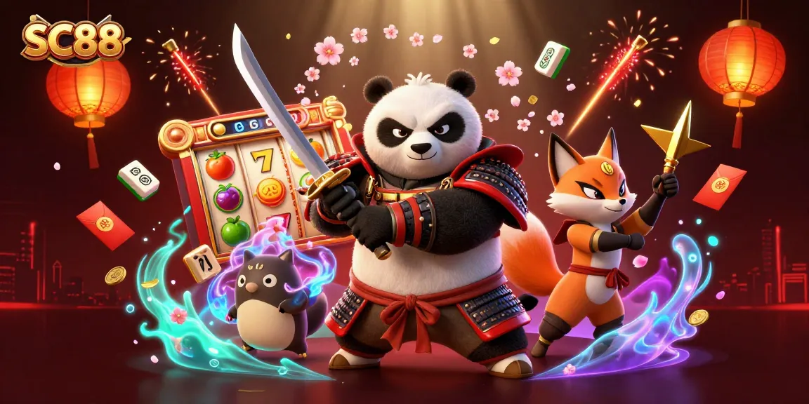 Experience thrilling SC88 gaming with a samurai panda, a ninja fox, and cherry blossoms in a vibrant 3D scene.